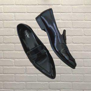 Black faux leather pointed toe penny loafers